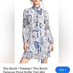 Tory Burch 'Deneuve' Ruffled-Trimmed Flora & Fauna Dress in Blue size 2